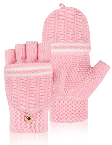Kiiwah Mitaine Enfant avec Rabat pour Fille Garçon 8-13 Ans, Gants Sans Doigts Enfant Moufle Hiver Chaud Tricoté (Rose)