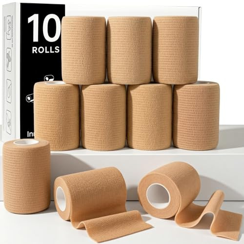 Rokehr Bandage Autoadhésif, 10 Rouleaux 7.5 cm X 4,5 m Bande Cohesive, Bande Strapping Adhésif pour Les Humains et Les Animaux, Elastique Bandage pour Doigt, Poignet, Cheville (Beige)