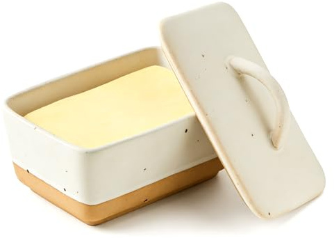 Euablfo Mantequillera de cerámica con tapa, 450 ml, porcelana, estilo vintage europeo, ofrece espacio para 2 unidades de mantequilla de 250 g (color blanco, tamaño mediano)