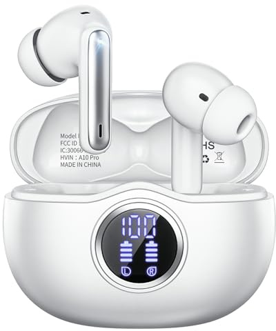 Fhumsh Wireless Earbuds, Bluetooth 5.3 Headphones HiFi Stereo 50H Playback LED Digital Display Ear Buds with ENC Noise Canceling Headset, IPX7 Waterproof Earphones for Gym/Running/Work (White)