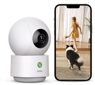 AOSU Caméra de surveillance intérieure 2K, babyphone, caméra pour animaux de compagnie à 360 degrés pour sécurité à la maison, caméra avec routeur Wi-Fi 5/2,4 GHz, appel One-Touch, suivi intelligent
