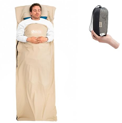 QEZER Sac a Viande Couchage, Ultra-léger et Doux, Sac de Couchage Adulte, Couverture de Voyage Extra-Large, adaptée au Camping, à la randonnée et aux séjours à l'hôtel (Kaki)