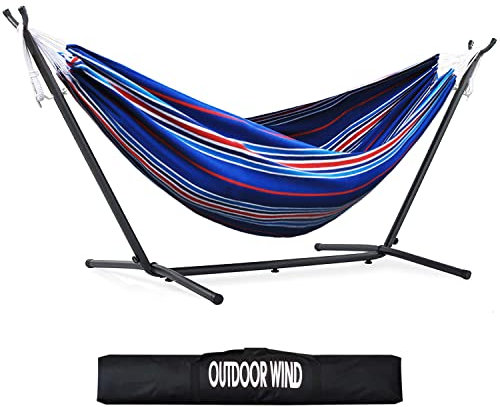 OUTDOOR WIND 550lbs Capacity Double Hammock Adjustable Hammock Bed with 10ft Heavy Duty Steel Stand Includes Portable Carrying Case, Easy Set up Blue Pinstrip B