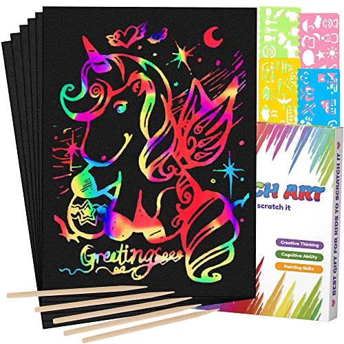 Mocoosy 60Pcs Scratch Art Paper für Kinder - Rainbow Magic Scratch off Papierkunst und Bastelset Scratch Note Schwarze Doodle Pads mit 4 Schablonen 5 Holzstift für Party Favor Aktivitäten Geschenk