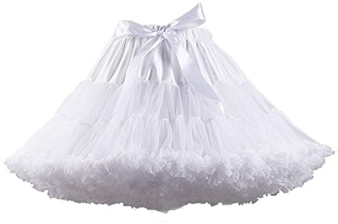 PhilaeEC Women's Elastic Waist Chiffon Petticoat Puffy Tutu Tulle Skirt Multi-Layer Cosplay Fluffy Skirt Underskirt, Length 40cm, Waist 55-95cm (White)