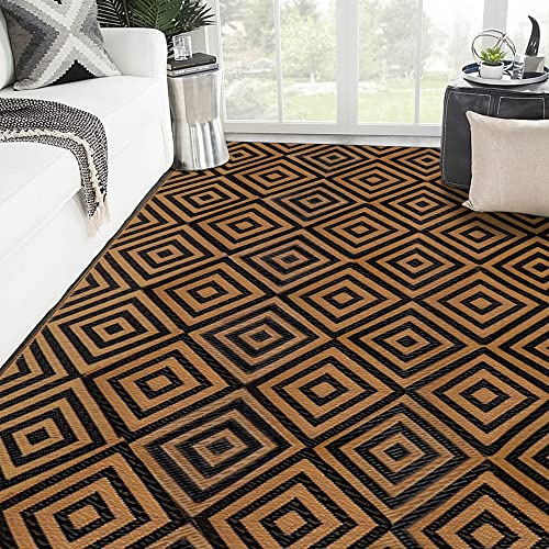 Ridota Reversible Mats, Outdoor Patio Rugs, Plastic Straw Rug, Modern Area Rug, Floor Mat for Outdoors, RV, Patio, Backyard, Deck, Picnic, Beach, Trailer, Camping (Diamond Black & Brown, 9' x 12')