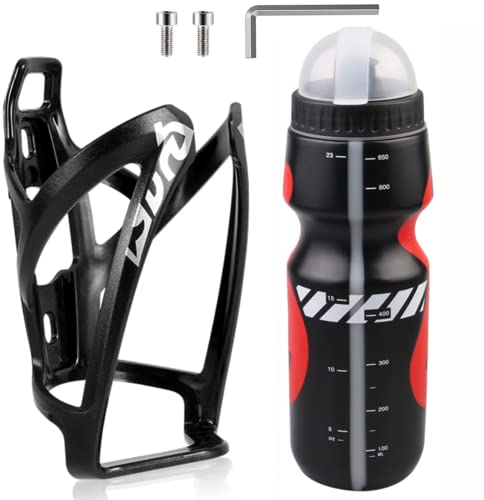 Bike Water Bottle Cage and Bottle Set, Lightweight Bike Water Bottle Holder with 650ML Sports Bottle with Scale and Dust Cap BPA-Free Water Bottle Holder Set for Outdoor Cycling (Red)