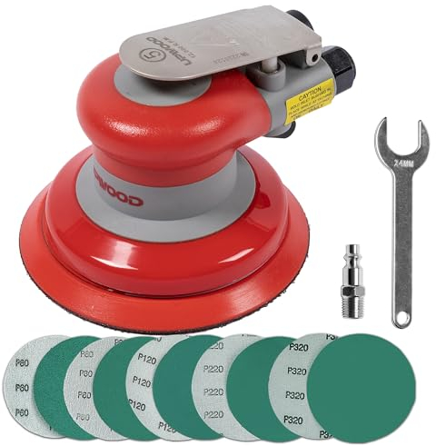 UPWOOD Pneumatischer Exzenterschleifer 5-Zoll-Handflächenschleifer mit leichtem Gewicht, 3/16 (5 mm) Durchmesser und 12000 Umdrehungen pro Minute mit extra 10 Stück Schleifpapier