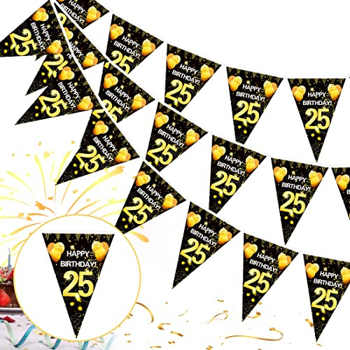 25. Geburtstag Girlande Banner, Schwarz Gold Wimpel Banner, Wimpelgirlande für den 25. Geburtstag