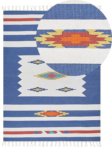 Beliani Tappeto Kilim in cotone tessuto a mano 140 x 200 cm reversibile con motivi geometrici e frange multicolore