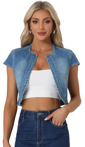 Allegra K Boléro Court en Jean Femme Veste Courte en Denim à Manches Courte Coupe Ajustée Blouson Devant Ouvert
