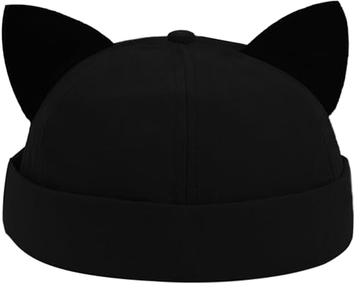 Malaxlx Damen Schwarz Docker Cap Seemannsmütze Docker Mütze Hafenmütze Seemannskappe Brimless Cap Damenmütze Verstellbar Katzenohren Mütze