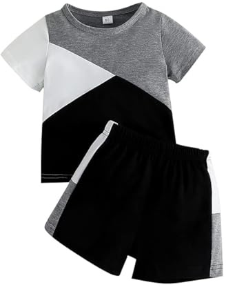 Volunboy 2-delat set med babykläder, sommarkläder, outfit, kortärmad t-shirt, topp, byxor/shorts, klädset för pojkar, Svart grå, 12-18 månader