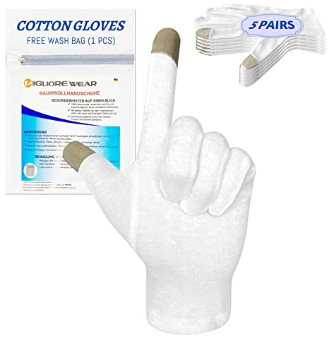 Migliore Wear 5 pares de guantes de algodón blancos para eccema con dedos de pantalla táctil, guantes hidratantes para manos secas, cuidado de manos, inspección de joyas, guantes de eccema para