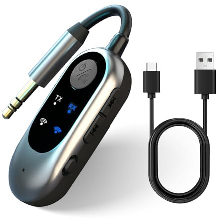 2-i-1 Bluetooth 5.3-sändare och mottagare, trådlös ljudadapter för dubbla hörlurar, 3,5 mm AUX- och typ-C-stöd, lång batteritid, kompatibel med iPad/surfplattor, flygplan, bil, hemstereo