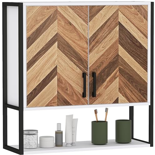 HOMCOM Armario de Pared para Baño Multiusos Mueble de Baño Suspendido Armario Colgante de Almacenamiento con 2 Puertas Estante Ajustable y Estante Abierto 59x20x60 cm Multicolor