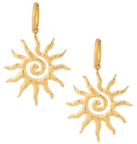 Mikovivi Goldene Sonnenohrringe für Damen, Klobiger Anhänger mit Spiraldesign Goldene Sonnenohrringe aus Edelstahl Personalisierter Römischer Schmuck für Damen Abschlussball Party Modeaccessoires