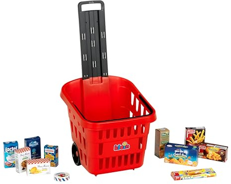 Theo Klein 7256 Panier de Courses à roulettes Garni, en Plastique de Haute qualité, avec poignée de Transport Pratique, Jouet pour Enfants à partir de 2 Ans