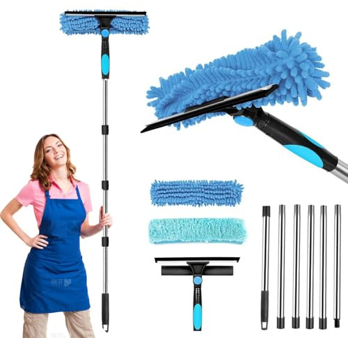 Limpiacristales con Mango Extensible(250cm), Limpiador de Ventanas con Escobilla de Silicona & 2 Paños de Microfibra, Kit de Limpieza de Cristal, para Ducha de Casa, Vidrio, Coche, RV (Azul)