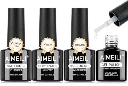 AIMEILI 4 Pcs Nail Primer Déshydrateur, Gel de Colle à Ongles, Gel Blooming | Soak Off UV LED, Longue Tenue, Nail Art Manucure Salon et Domestique DIY