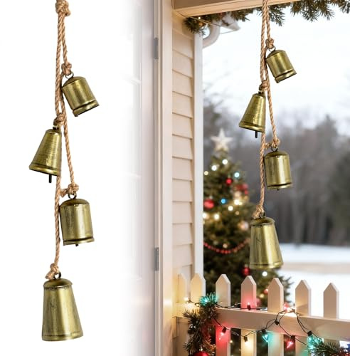 Gold Bells for Christmas Decorations, Decorative 4 Metal Big Cow Bells on Jute Hanging Rope, Christmas Hanging Rustic Bells for Christmas Tree Garland Wreath Mantel Home Decor