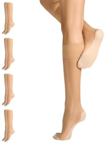 Ylilanmy 4 Pairs Knee High Socks Pop Socks Anti Slip Sole Sheer Stockings | 10D Sheer Nylon Stockings Knees Highs Tights Reinforced Toes One size