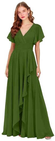 V-ringad chiffong brudtärna klänningar för bröllop fladdrande ärm lång volang formell kväll festklänning med slits, Olivgrön, 54 SE/Plus