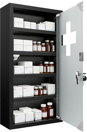 LILIIN Medicskåp, låsbart rostfritt stål, läkeskåp, väggmonterat med 3 fack och frostad glasdörr, husapotek, medicinskåp, vägghängd, med barnsäkert, 30 x 12 x 57,5 cm, svart