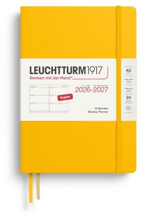 LEUCHTTURM1917 veckokalender 2027 medium (A5) – engelska, solrosor, inbundet lock, 145 x 210 mm, 18 månader – 07. 2026-12.2027, 1 vecka per dubbelsida, 80 g/m² papper med hög bläckkompatibilitet