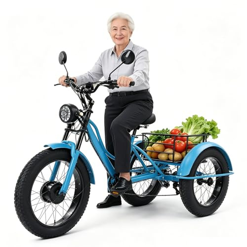 Tricycle électrique Adulte à Gros pneus, Assistance électrique, 24 Pouces, Charge maximale 200 kg, Panier de Chargement, Phare, idéal pour la Ville, la Montagne et la Route, Bleu