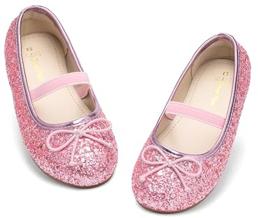 DREAM PAIRS Girls Flat Shoes Glitter Bow Party Wedding Flower Sparkly Ballet Flats,Pink Size 8 UK Child