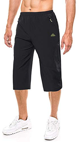 EKLENTSON Short 3/4 d'Été Décontracté Léger pour Homme Pantalon de Course Élastique Séchage Rapide Poches Zippées Noir 38