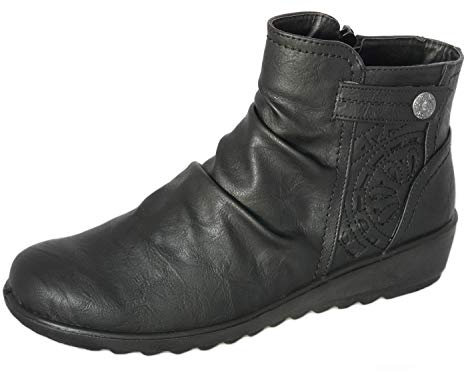 Cushion Walk EEE Wide Fitting Women's Black Low Wedge Ankle Boots with Zip Fastening