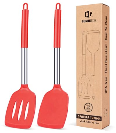 Pack of 2 Silicone Solid Turner, Non Stick Slotted Kitchen Spatulas, High Heat Resistant BPA Free Cooking Utensils, Ideal Cookware for Fish, Eggs, Pancakes(Red)