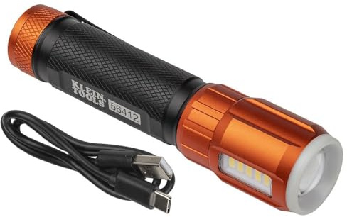 KLEIN TOOLS Uppladdningsbar LED-ficklampa med arbetsbelysning, 500 lumen, USB-laddningskabel, fickklämma, batteritidindikator, magnetisk 56412, orange/svart