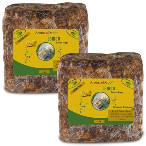 Aroma Depot Savon noir africain brut au citron, savon 100% naturel pour l'acné, l'eczéma, le psoriasis, l'élimination des cicatrices, le nettoyage du visage et C 400ml (lot de 2)