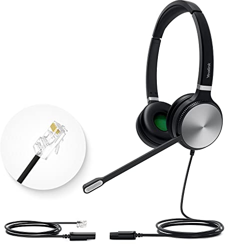 Yealink Cuffie per telefono da ufficio YHS36 QD a RJ9, cuffie cablate compatibili con telefoni Poly Snom Grandstream, cuffie VoIP fisse da scrivania, con microfono, cavo doppio/170 g/2,1 m