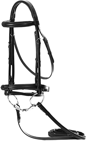 Equinavia Saga Gepolsterte Dressurtrense mit Zügeln und abnehmbarem Blitz – Schwarz – Cob