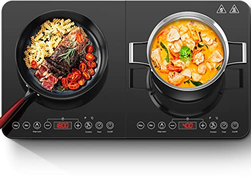 Induktionskochfeld 2 platten,Aobosi Induktionskochplatte mit Unabhängiger Steuerung, 10 Temperaturstufen und 6 Leistungsstufen, Edelstahl,3500W, 4-Stunden-Timer, Max & Min-Taste, Sicherheitssperre