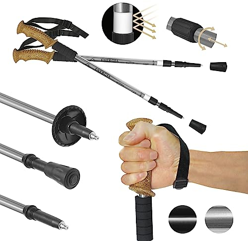 Bastoni da trekking da 63 cm a 135 cm. Bastoni da trekking in alluminio con ammortizzatore antishock per nordic walking ed escursioni varianti di colore argento o nero