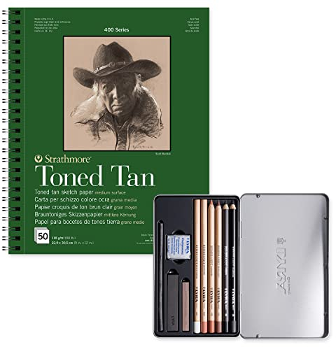 Block Strathmore Sketch, verleimt, 22,9 x 30,5 cm, mit 50 Blatt à 118 g, Toned Tan und Skizzen-Set mit 11 Stück, Metalletui Lyra Rembrandt - Ofituria