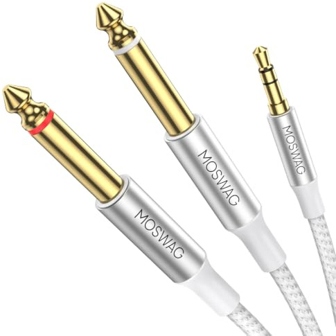 MOSWAG Audiokabel 3,5mm till Dubbel 6,35mm 2M, 6,35 till 3,5 Han Y Splitter TRS Jack, Förgylld Nylon Flätat 3,5mm till 2X 6,35mm Splitter Kabel för Förstärkare, Hemmabio