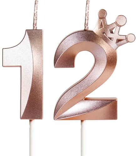 Candela Numero 12 Incoronata, 5cm in Oro Rosa - Topper per Torte di Compleanno, Feste e Anniversari - Decorazioni