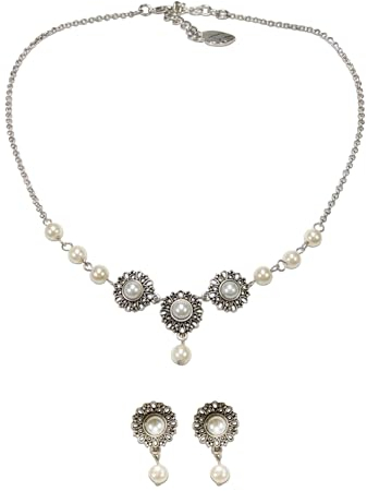Alpenflüstern Trachtenschmuck-Set Metall-Trachtenkette und Trachten-Ohrstecker Helena - Damen Trachten-Schmuck Trachtenset Dirndl-Kette und Trachten-Ohrringe (antik-silber-farben) SET059