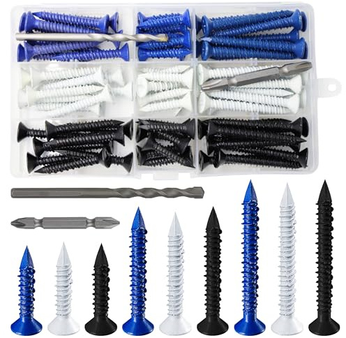Wensilon(105 PCS) 3/16 Concrete Screw Anchor Kit Blue/Black/White Flat Head for Anchoring to Masonry, Block or Brick Stucco