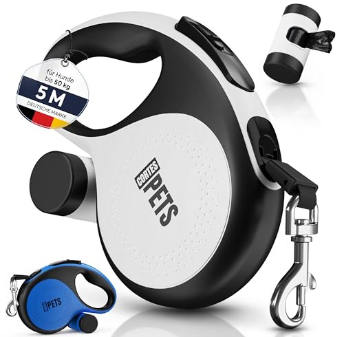 CORTES PETS®Guinzaglio per cani allungabile Retrattile 5m, con sacchetto per escrementi per canii fino a 50 kg, ideale per cani di taglia grande, media e piccola. (Bianco, L - 5m - fino a 50 kg)
