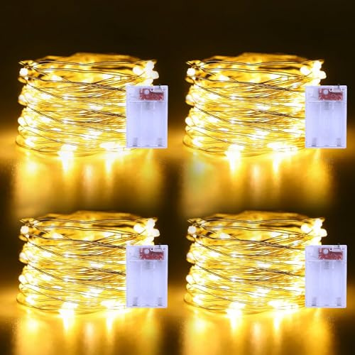 CCILAND 4 Pack Battery Fairy Lights, 5M 50 LED Micro Silver Wire Lights Warm White Twinkle String Lights Waterproof for Indoor Outdoor Bedroom Wedding Party Bottle Tree Decor