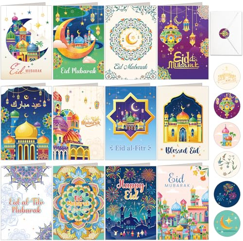 DPKOW 12pcs Eid Cards with Envelopes Stickers, Eid Mubarak Cards Multipack, Greeting Card Blessed EID Colorful Islamic Card Muslims