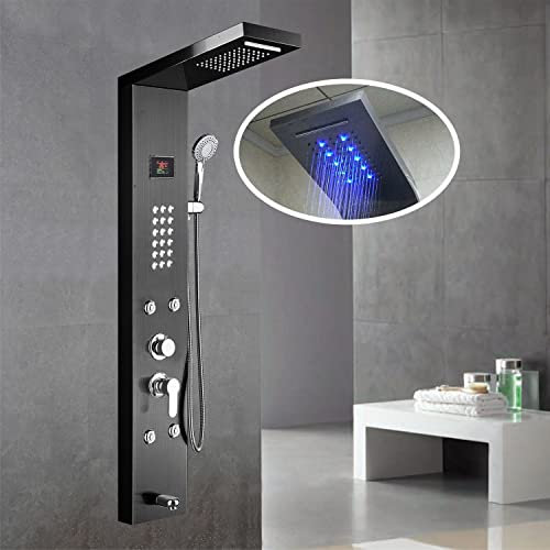 Sistema de torre de ducha de acero inoxidable negro con cabezal de ducha LED de cascada, ducha de mano, 4 chorros y boquilla de baño, 6 funciones