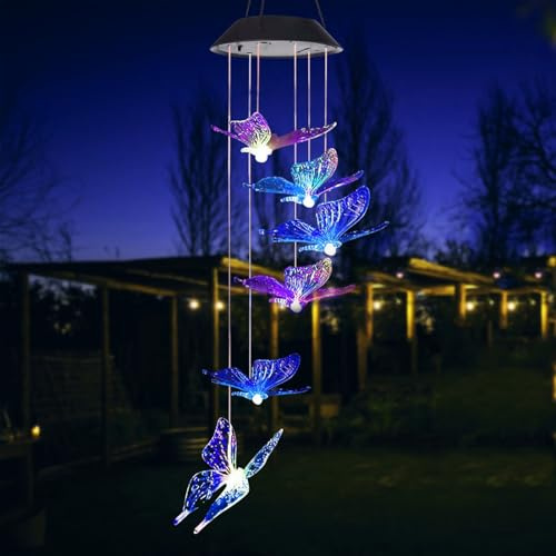Carillón de viento solar con mariposa LED, para colgar al aire libre, cambio de color, lámpara de jardín y lámpara colgante para jardín, balcón, patio, terraza